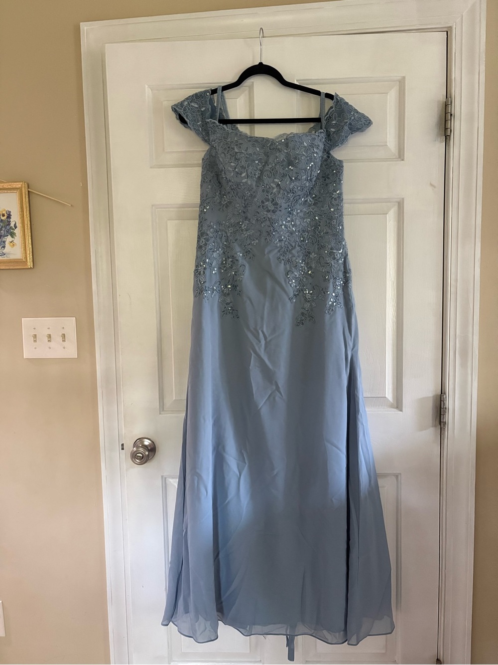 Off-Shoulder Lace Appliqué Maxi Dress in Dusty Blue